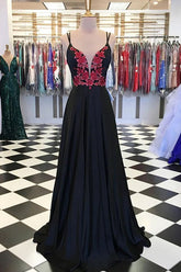 Black and Red Appliques Backless Long Prom Dress